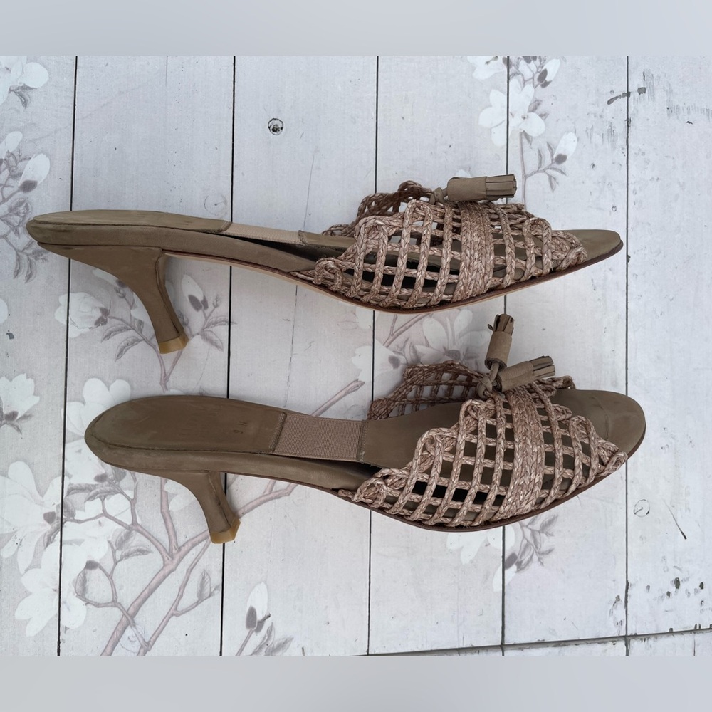 Stuart Weitzman Braided Tan Slide Mules with Tassel Detail - Picture 2 of 5